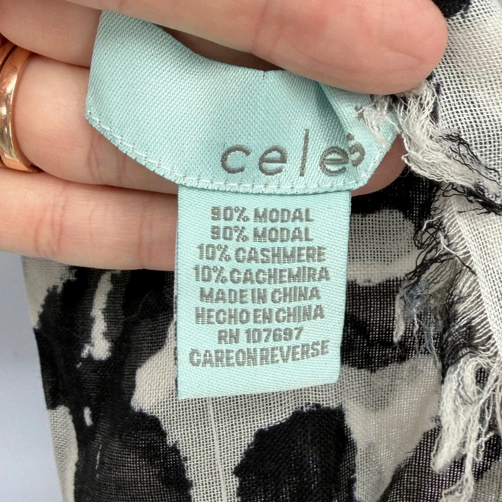 Celes Black White Leopard Print Scarf Modal Cashmere Blend Frayed Edge NWT